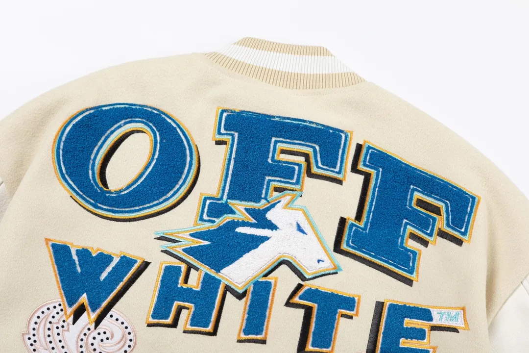 S30#P696, off white 2024 autumn and winter new heavy industry embroidered leather baseball jacket couple style color beige size: S M L XL